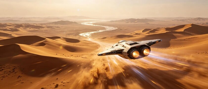 Sci-fi futuristic space fighter jet flying low across golden sand dunes desert with winding river under warm morning sun showing interplanetary adventure and space exploration