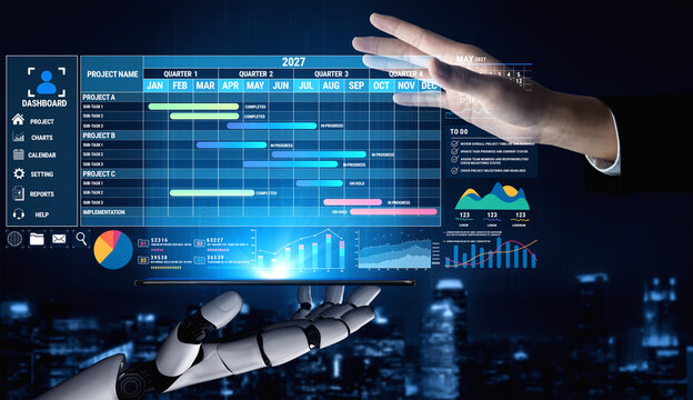 Futuristic Project Management Dashboard with Human and Robot Interaction Displaying Time Schedule, Progress Tracking, and Data Analytics Overview Fluxor.