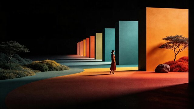 Woman in long red dress walking along perspective lined colorful vertical blocks with green trees and bushes on curved path against dark black background showing surreal abstract minimalist art