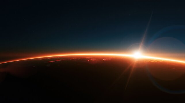 Stunning panoramic view of sun rising over planet earth curve from outer space with dark starry sky showing amazing cosmic sunrise and beautiful blue planet