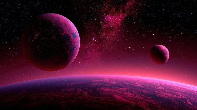 Futuristic sci-fi panoramic view of two red exoplanets floating above red planetary surface under starry pink nebula sky showing deep space exploration concept