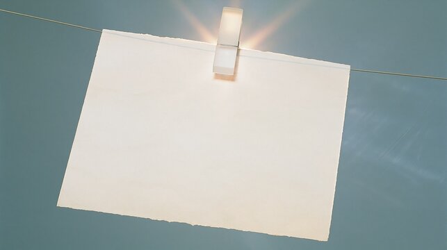 Blank off-white rough edge paper sheet clipped with light wooden clothespin on thin rope against soft light blue sky ready for custom text message or announcement content