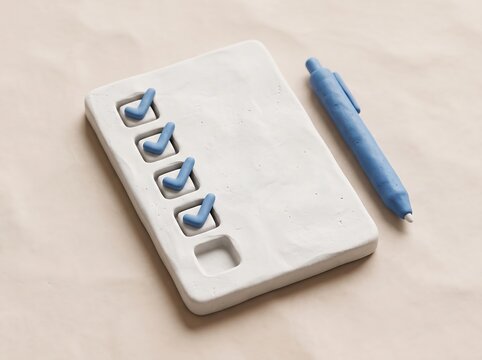 3D Clay Style Checklist Notepad with Blue Checkmarks and Pen Concept