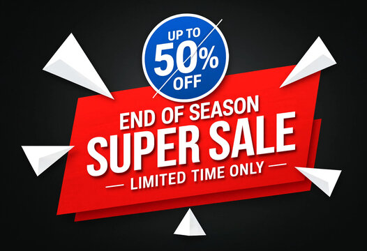 Bright end of season super sale banner with up to fifty percent off discount promotion