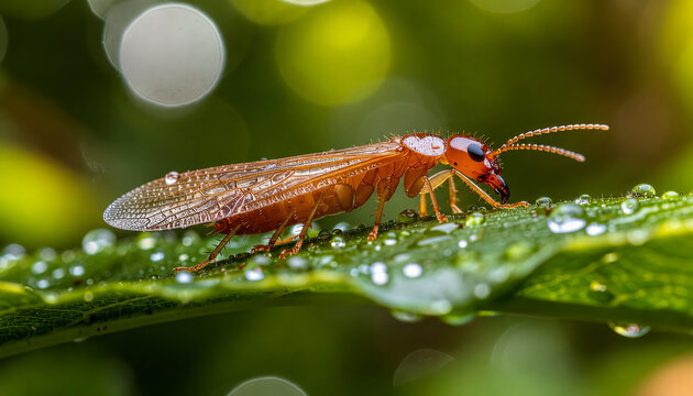 Macro photography of an adult webspinner insect crawling on a wet green leaf covered with water drops in nature