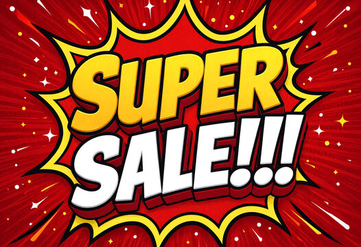 Bright explosive comic book style super sale banner with bold letters and dynamic background