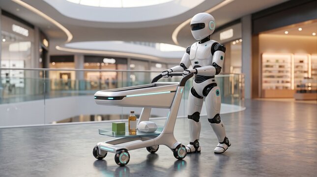 Futuristic robot assistant pushing luggage cart in modern airpor