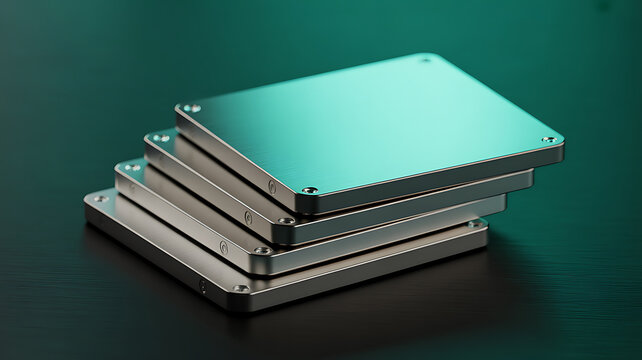 Stack of five silver solid state drives S Ds with brushed metal finish and screws 