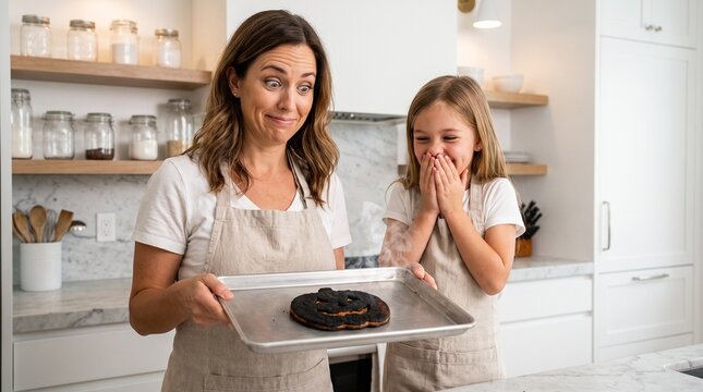 Mother and daughter laughing at burned pumpkin cookie on baking sheet in modern white kitchen