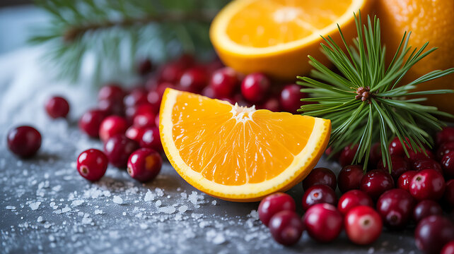 Vibrant cranberries and orange slices with pine sprigs and scattered salt on a textured surface 