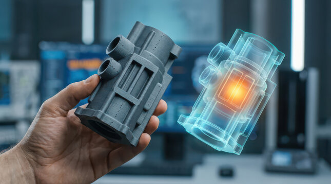 Industrial engineer holding mechanical component with glowing augmented reality hologram, advanced manufacturing technology concept, digital engineering visualization, innovation and smart factory 