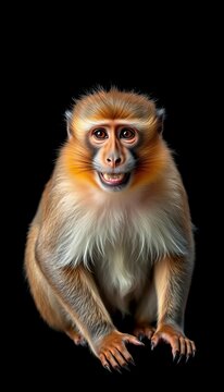 Isolated smiling Barbary macaque on black background, primate, dark