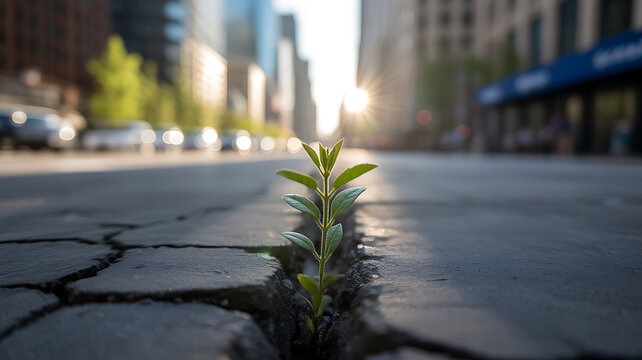 Young green plant growing from a crack in the asphalt of a city street with sun flare 