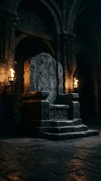 Ancient stone throne in dark medieval hall with torchlight photography