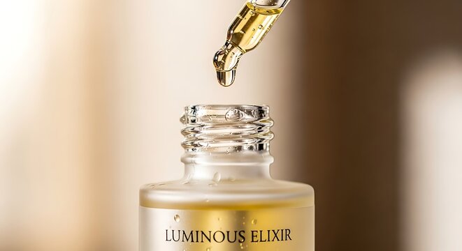A glass dropper dispensing golden facial oil into a frosted glass bottle labeled luminous elixir in a soft focused warm light setting