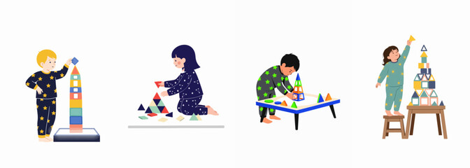 Vector illustration set of children in pajamas playing and building creative towers with colorful magnetic blocks for early STEM learning and childhood fun.
