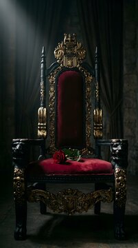 Ornate red velvet throne with gold carvings and single red rose in dark dramatic lighting photography