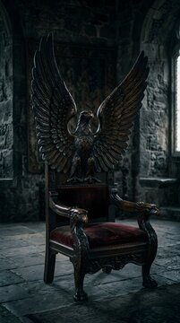 Ornate red velvet throne with golden eagle carvings in dark medieval castle hall photography