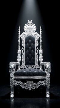 Ornate silver throne chair with black leather upholstery dramatic spotlight photography dark background royal luxury seat