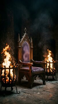 Ornate wooden throne with flames on both sides dark medieval hall photography