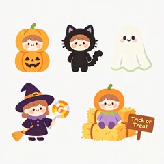 Naklejka premium cute halloween party characters in colorful costumes