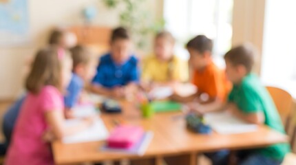 Obraz premium Group of young students sitting at desks in a brightly lit classroom during a collaborative learning activity focused on academic development and school life in modern education