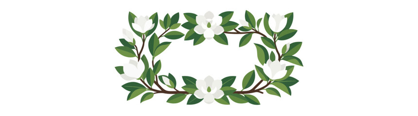 Fototapeta premium Magnolia Flower Border Frame - White Blossoms and Green Leaves