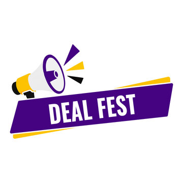 Deal fest sign with a megaphone announcement symbol for big shopping sales and promotional marketing events featuring a purple and yellow graphic banner design isolated on transparent background