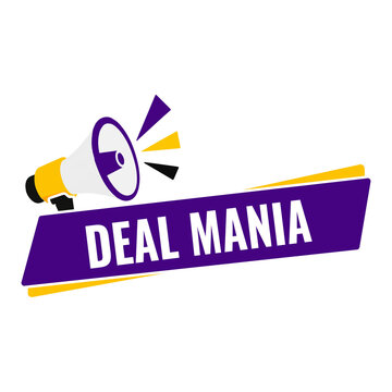 Deal mania sign with a megaphone icon for special shopping promotion and big sale events featuring bold purple and yellow colors for marketing advertising isolated on transparent background