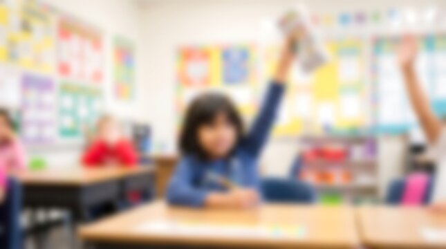 Elementary school student raising hand in classroom with blurred background of children at desks representing active learning and education in a modern school environment setting
