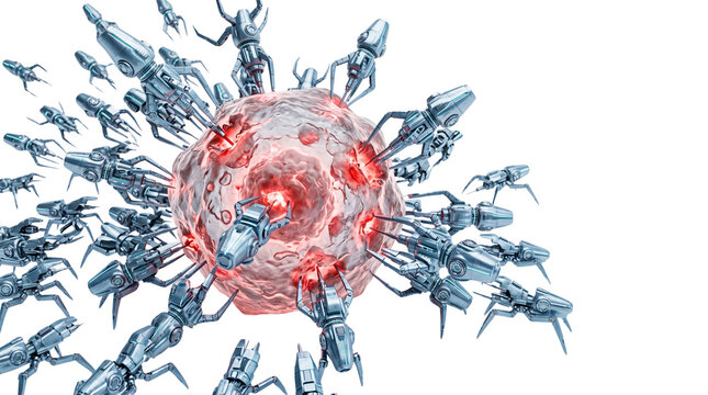 Microscopic nanobots attacking a biological cell, futuristic nanotechnology medical concept, robotic swarm on red virus sphere
