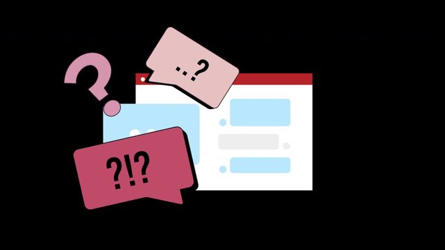 Animated chat message bubbles appearing over a browser window showing signs of stress, anger, and swearing with question marks and profanity symbols on a black background