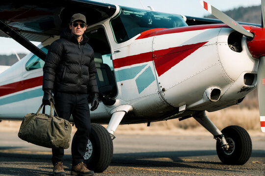Male Traveler Standing Beside Small Propeller Airplane with Duffel Bag
