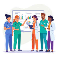 Obraz premium Diverse medical team presenting data on a whiteboard with charts, graphs, and pie chart.