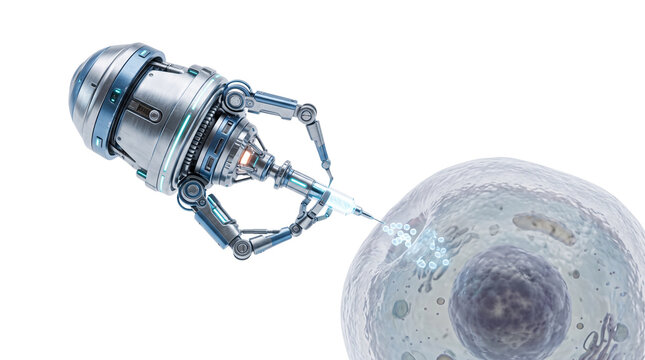Futuristic nanobot performing cellular surgery, robotic medical probe injecting biological cell, nanotechnology in healthcare concept