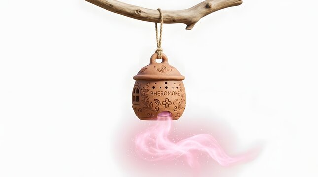 Terracotta pheromone candle holder hanging on branch