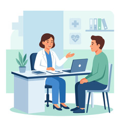 Fototapeta premium Doctor consulting with patient in modern clinic office, doctor wearing lab coat and patient sitting opposite, discussion with laptop and medical symbols