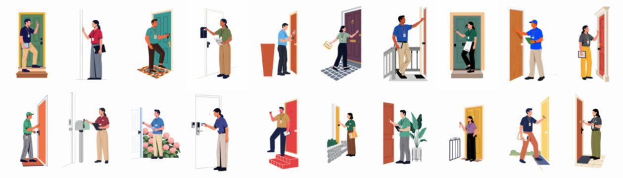 Collection of diverse delivery workers, service professionals, and canvassers knocking on doors and ringing doorbells in a stylized vector illustration set.