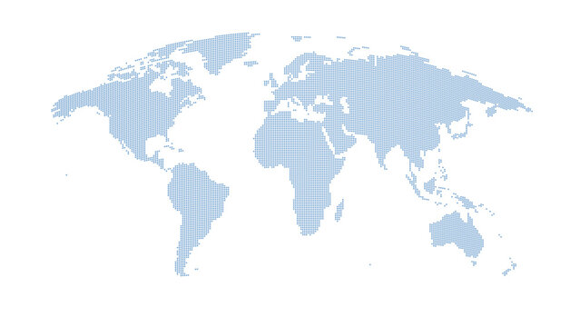 Blue dotted world map, halftone dot globe with continents in flat style for infographic and business presentation design