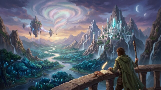 Robe clad mage overlooking floating islands and crystal castle
