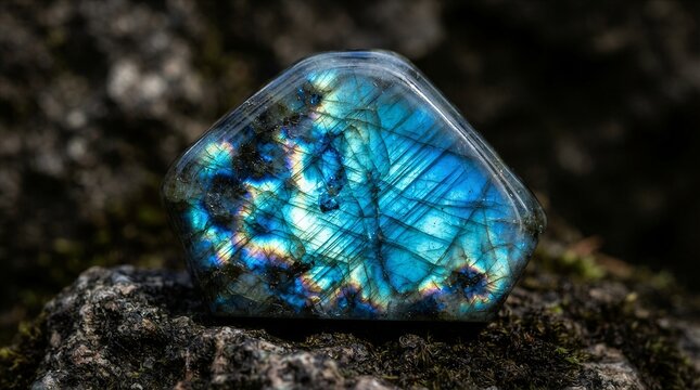 Polished labradorite stone reflecting blue iridescence on rock