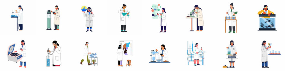 Fototapeta premium Collection of diverse female scientists and lab technicians working with scientific equipment in a laboratory setting, isolated on white background.