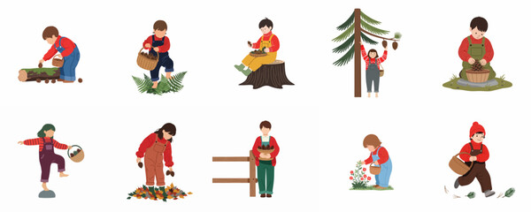 Fototapeta premium Collection of ten illustrations featuring young children exploring nature, gathering forest treasures, and playing outdoors in various seasonal activities.