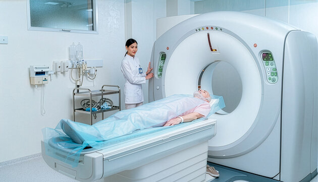 Senior patient lying on CT scanner machine bed with female radiologist technician operating advanced medical imaging equipment in bright hospital diagnostic radiology department scan