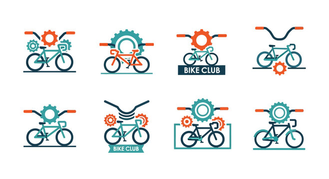Collection of stylized bicycle logos with gears and handlebars, representing cycling clubs and sports, ideal for branding and graphic design.