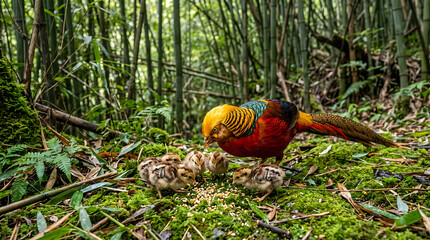Naklejka premium Golden pheasant mother feeding chicks in a lush bamboo forest habitat