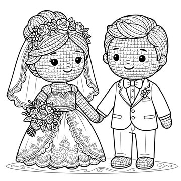 a black and white line art illustration of a cute cartoon bride and groom smiling
