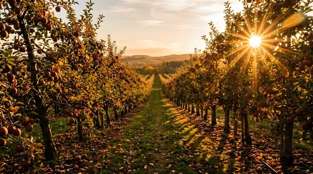 Creative autumn landscape with golden tree leaves falling gently on the first day of fall forest path surrounded by maple trees under bright warm sunlight natural seasonal sun shining through trees 