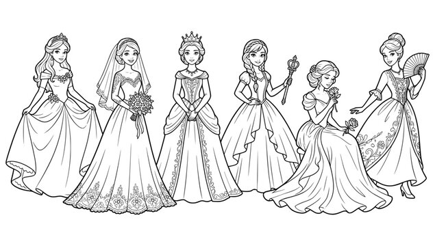 a collection of six black and white line art illustrations of beautiful princesses in gowns
