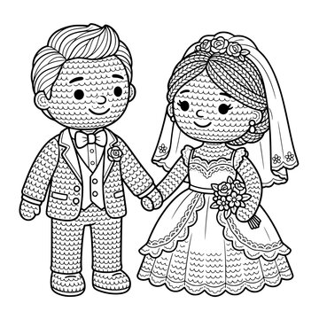a black and white line art illustration of a cute cartoon bride and groom smiling
